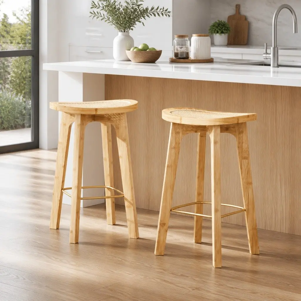 Set of 2 Rattan Seat Bar Stools for Kitchen Counter