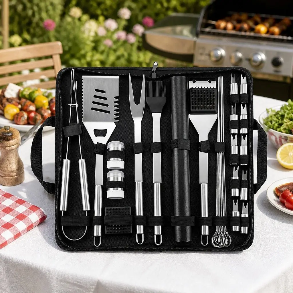 BBQ Tool Set Stainless Steel 29 Piece Outdoor Cooking Grill Utensils Kit Silver and Black