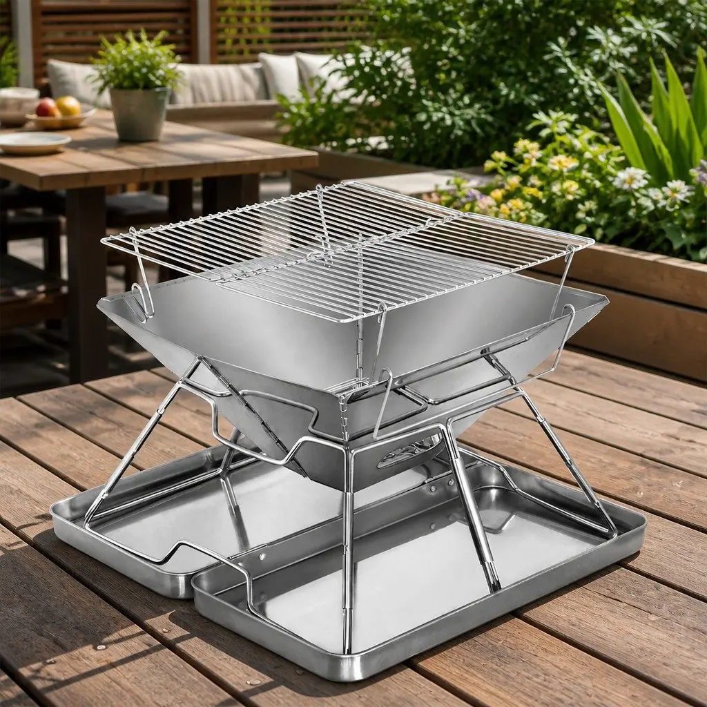 Folding BBQ Grill Steel 38.5cm x 26.5cm x 39.5cm Silver