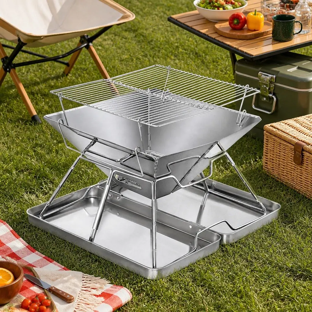 Folding BBQ Grill Steel 38.5cm x 26.5cm x 39.5cm Silver