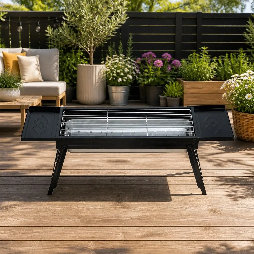 Portable Charcoal BBQ Grill Smoker Steel 89cm x 22cm x 32cm Black