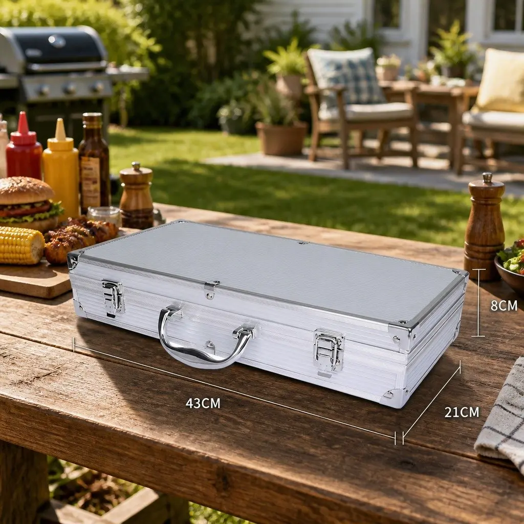 BBQ Tool Set Stainless Steel 18 Piece Silver Grilling Accessories Aluminium Carry Case