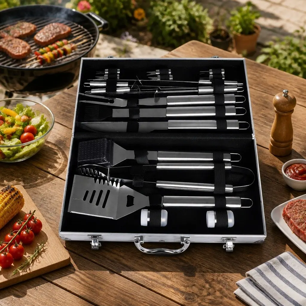 BBQ Tool Set Stainless Steel 18 Piece Silver Grilling Accessories Aluminium Carry Case