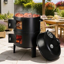 3-In-1 Charcoal BBQ Smoker Grill Roaster Portable Outdoor Cooking Black Steel