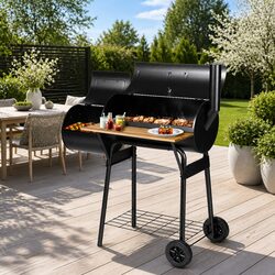 Offset Charcoal BBQ Smoker 2-In-1 Grill Portable Outdoor Cooking Black Steel