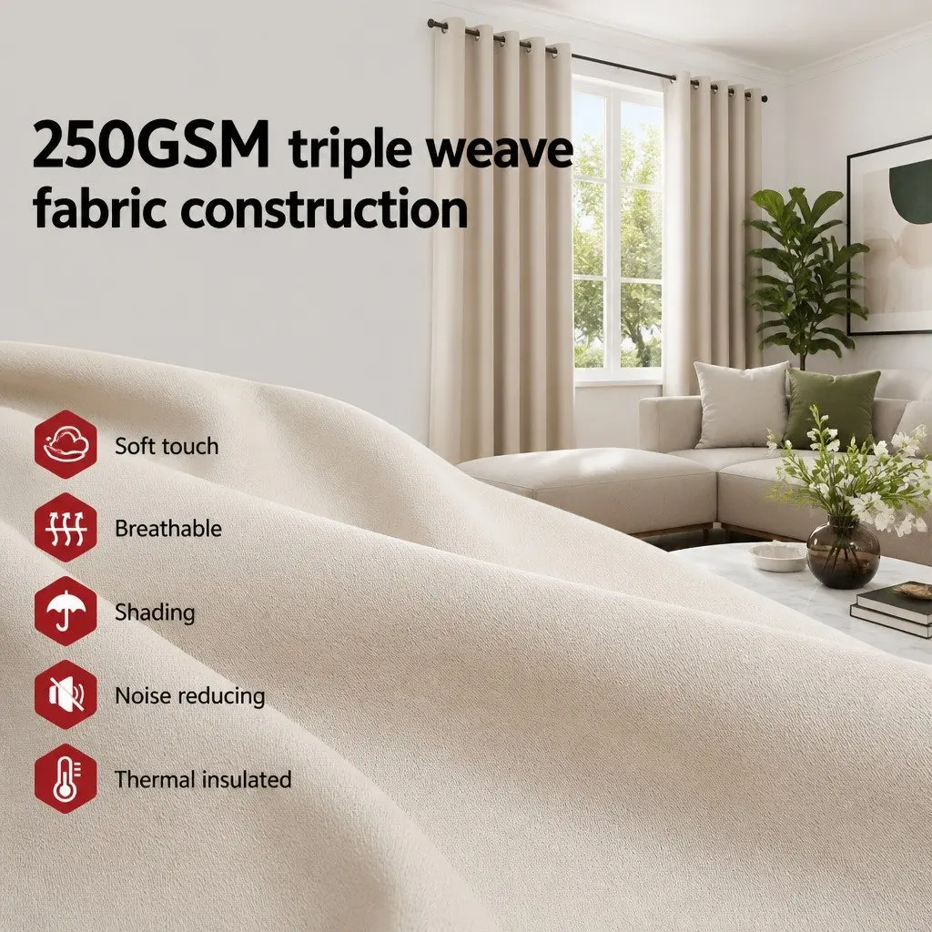 Blockout Curtains Eyelet Triple Weave 140x230cm Beige 2 Panels Thermal Insulation Noise Reduction