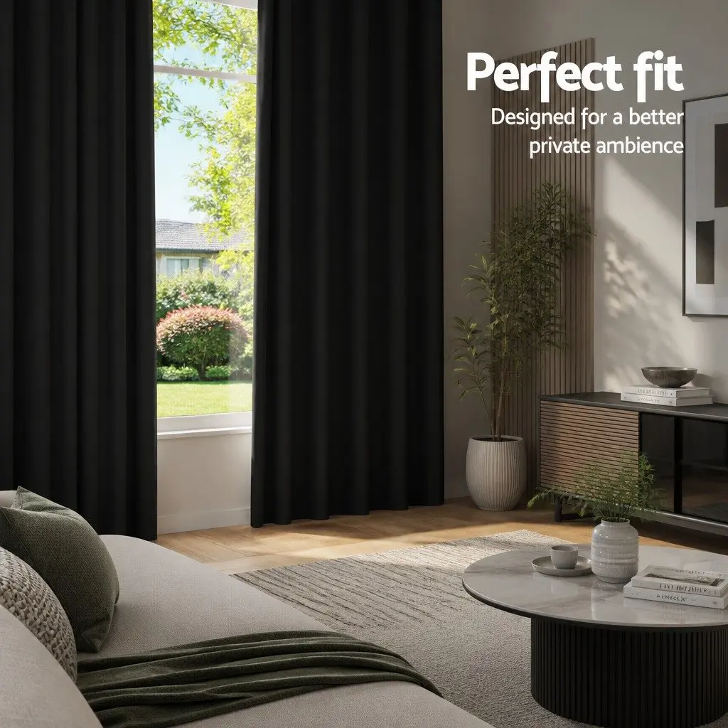 Blockout Curtains Triple Weave Fabric 140x230cm Black 2 Panels Eyelet