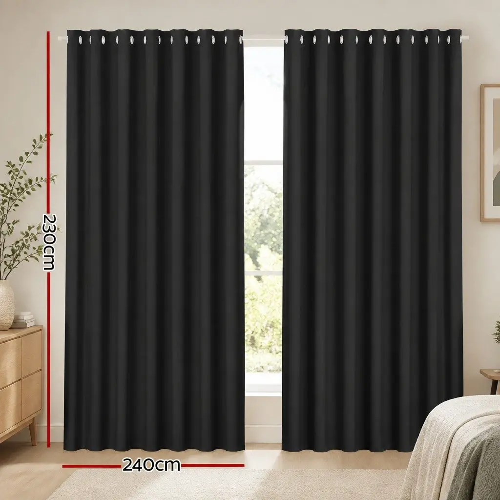 Blockout Curtains Triple Weave Fabric 240x230cm Black 2 Panels Eyelet Thermal Insulation Noise Reduction