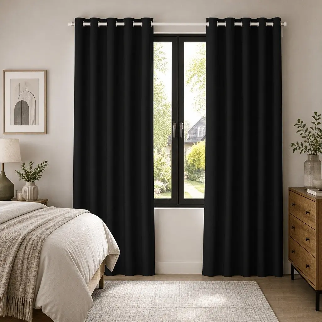 Blockout Curtains Triple Weave Fabric 240x230cm Black 2 Panels Eyelet Thermal Insulation Noise Reduction