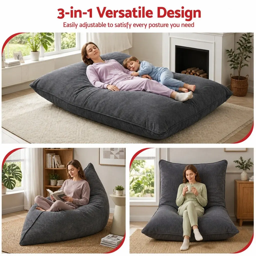 Convertible Bean Bag Chair Corduroy 180 x 140 cm Grey Memory Foam