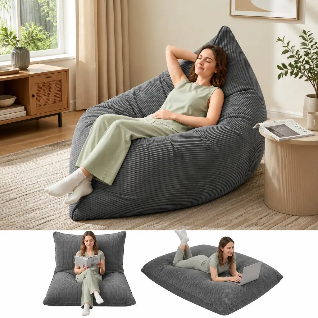 Convertible Bean Bag Chair Corduroy 180 x 140 cm Grey Memory Foam