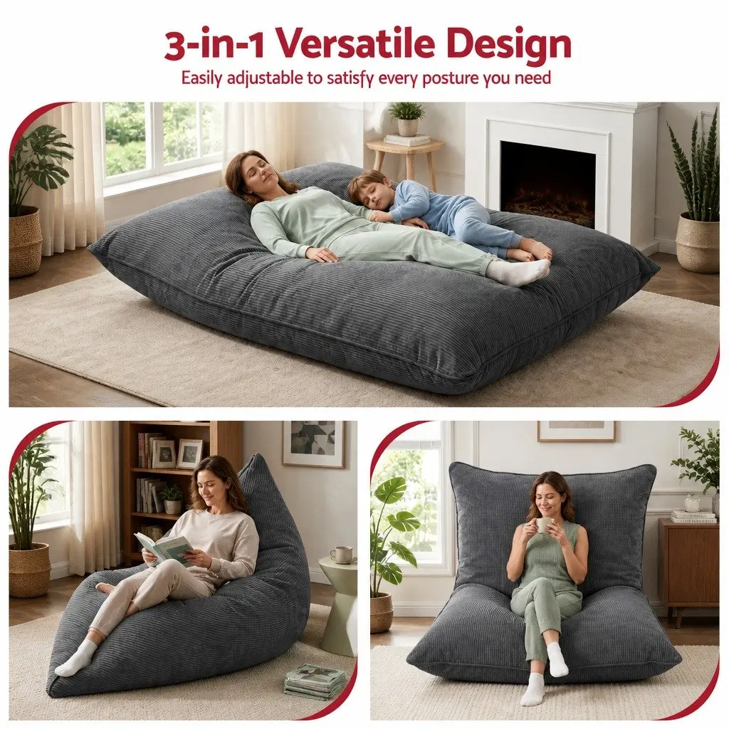 Bean Bag Chair Cover Corduroy 180 x 140 cm Grey