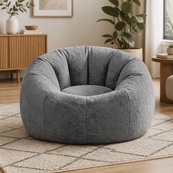 Large Round Grey Faux Fur Bean Bag Chair Cover