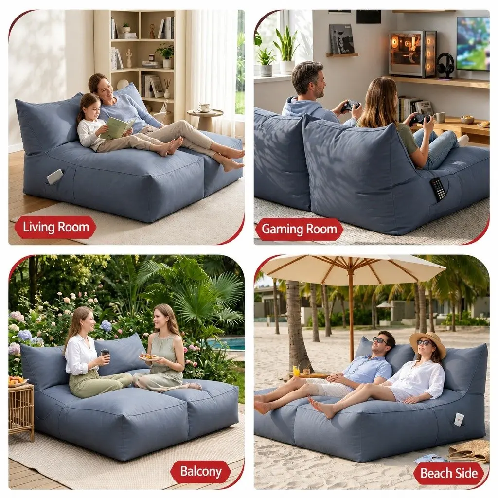 Bean Bag Chair Memory Foam 2 Seater L-Shape Lounge Sofa Grey 150x160x80 cm