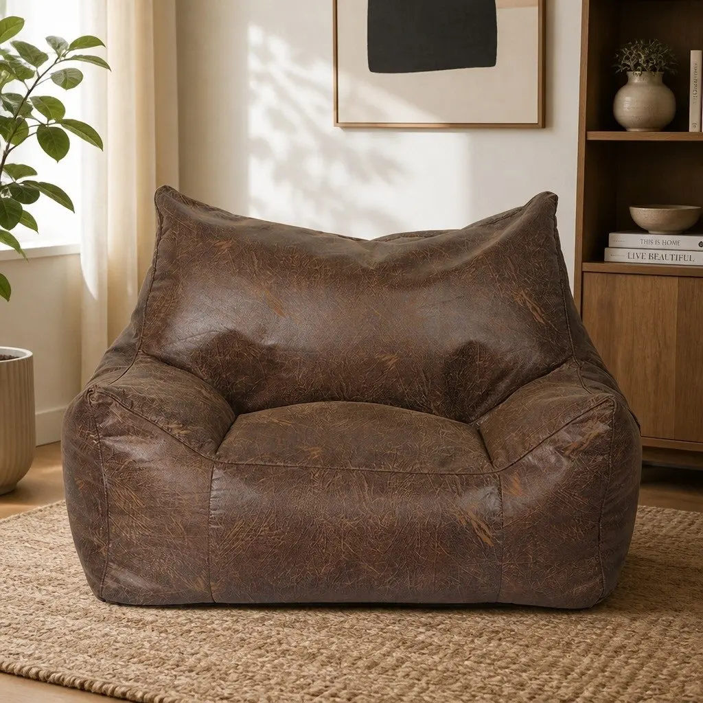 Bean Bag Chair Cover PU Leather Dark Brown Portable Easy Clean