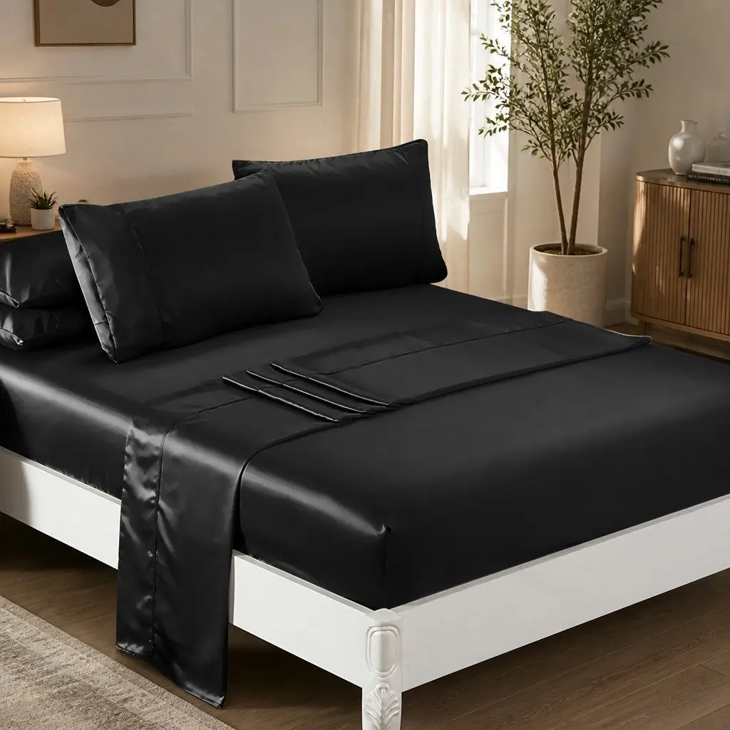 Black Satin Sheets Set for Queen Size Beds