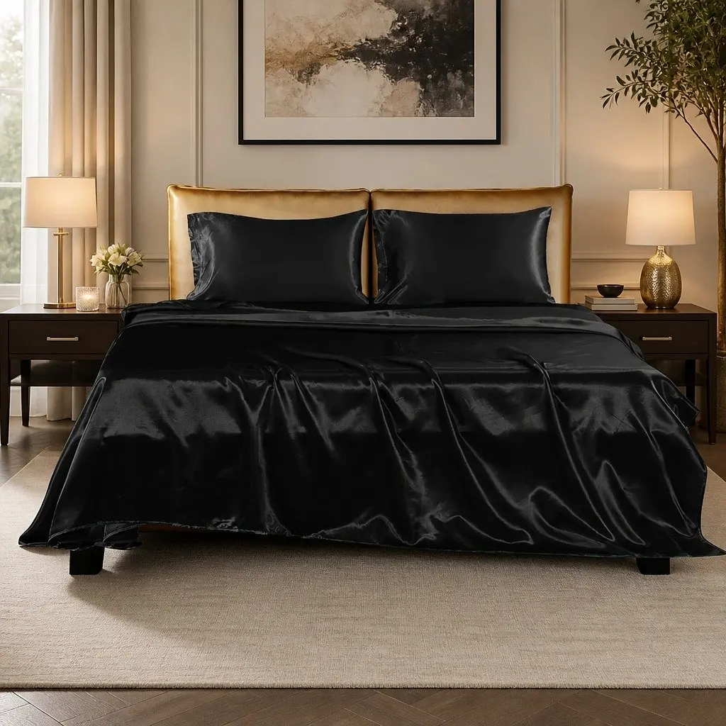 Satin Sheets Set Polyester Queen Black Fitted Flat Pillowcase Silky Smooth Lightweight