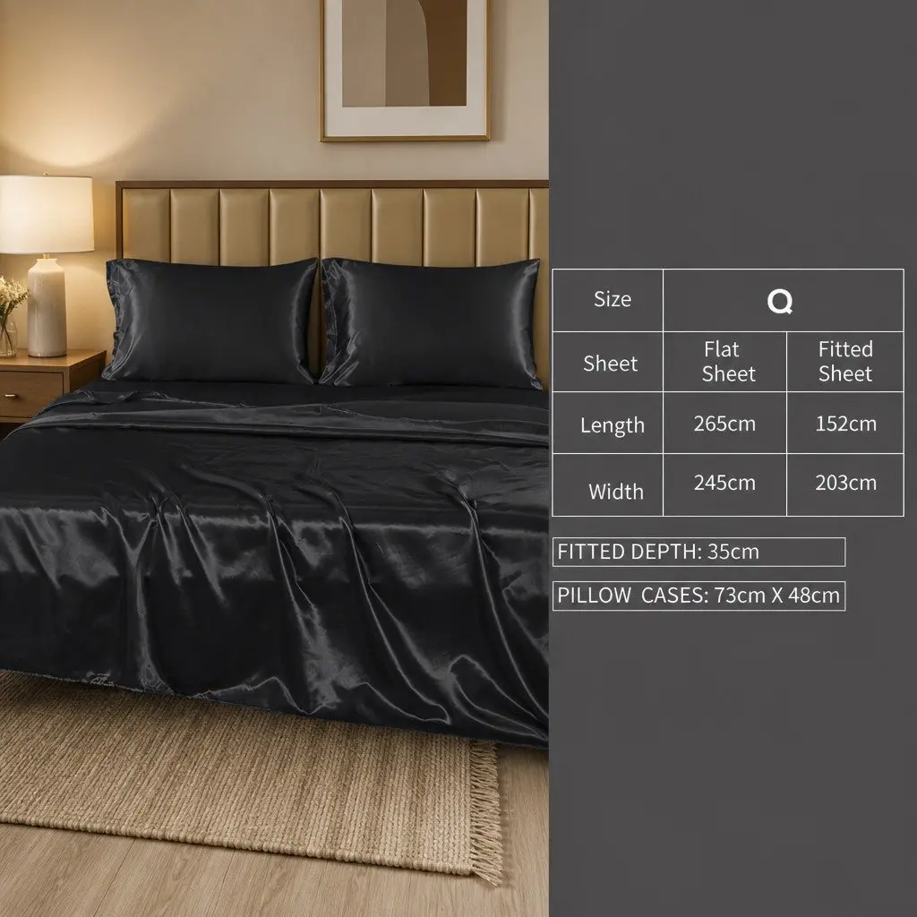 Satin Sheets Set Polyester Queen Black Fitted Flat Pillowcase Silky Smooth Lightweight