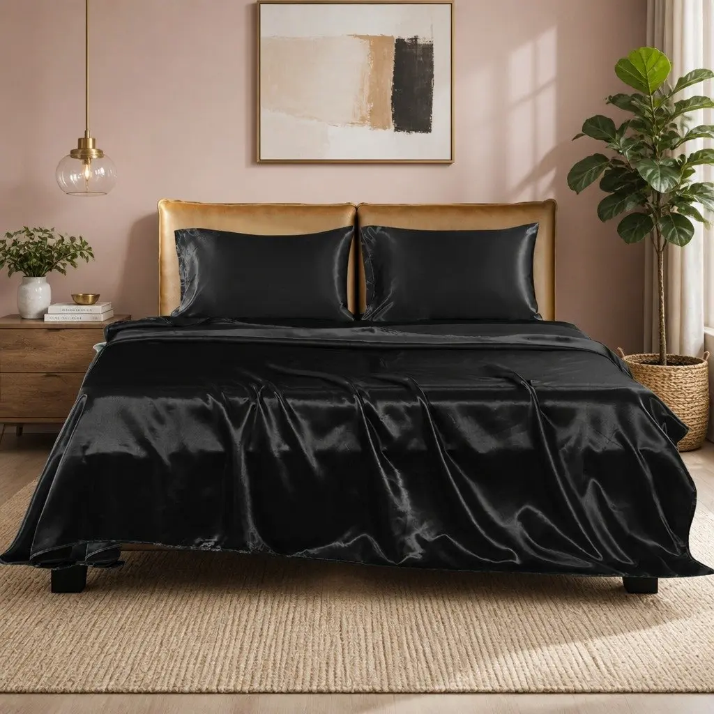 Satin Sheets Set Polyester Queen Black Fitted Flat Pillowcase Silky Smooth Lightweight