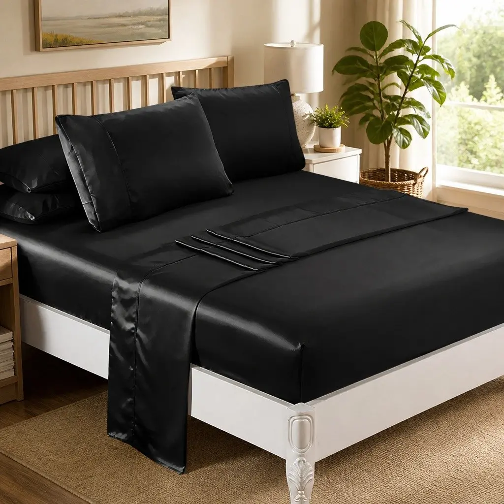 Satin Sheets Set Polyester Queen Black Fitted Flat Pillowcase Silky Smooth Lightweight