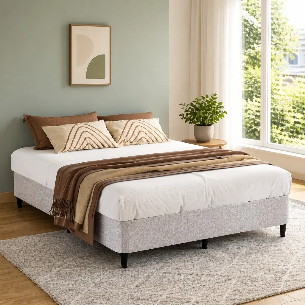 Metal Grey Upholstered Double Bed Frame