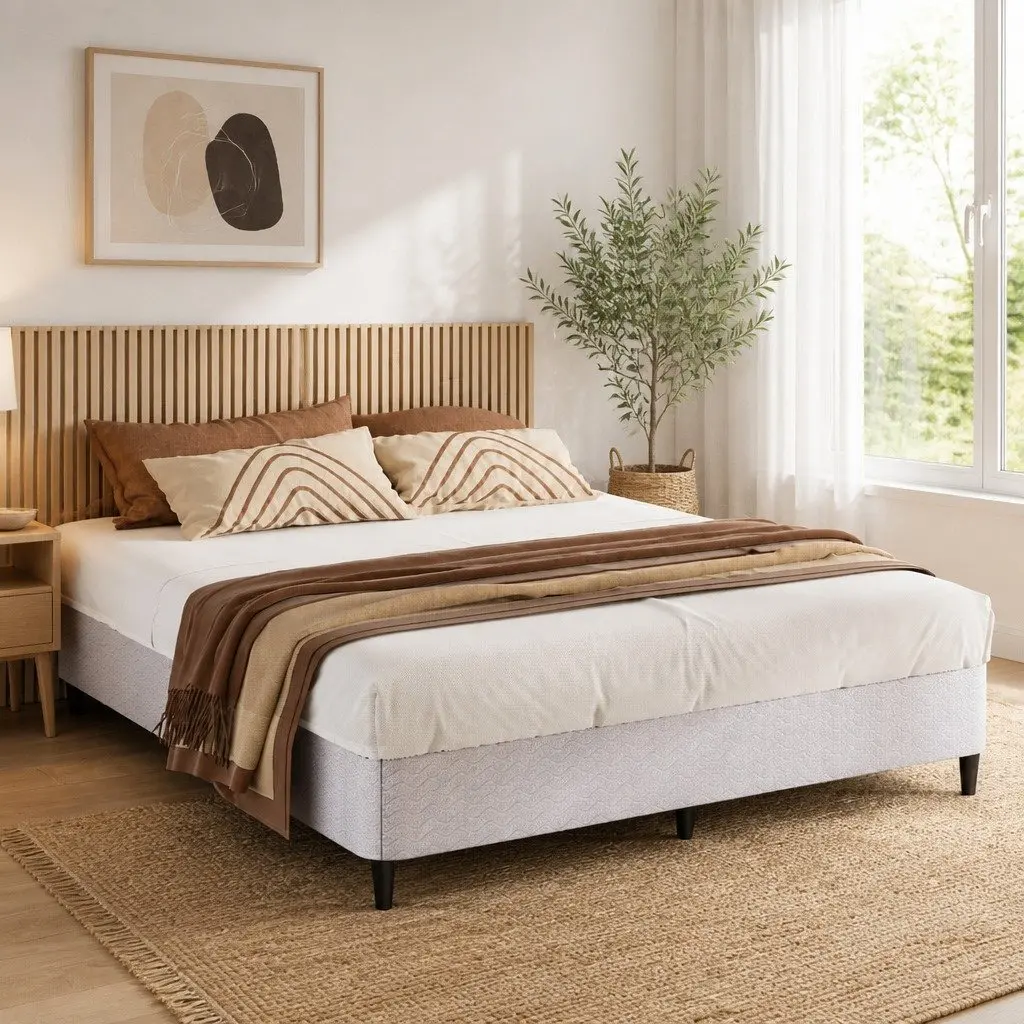 King Size Metal Bed Frame Grey Fabric Cover Sturdy Slat Support