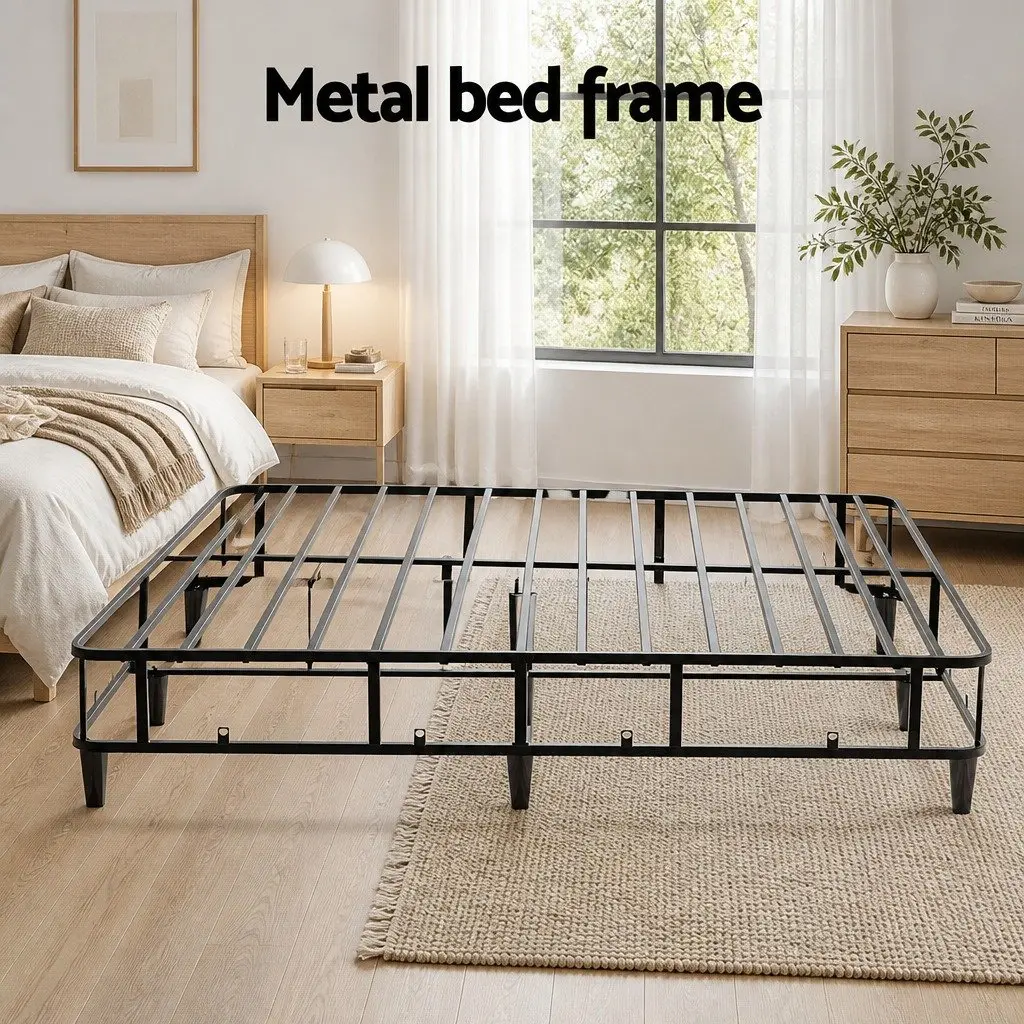 King Size Metal Bed Frame Grey Fabric Cover Sturdy Slat Support