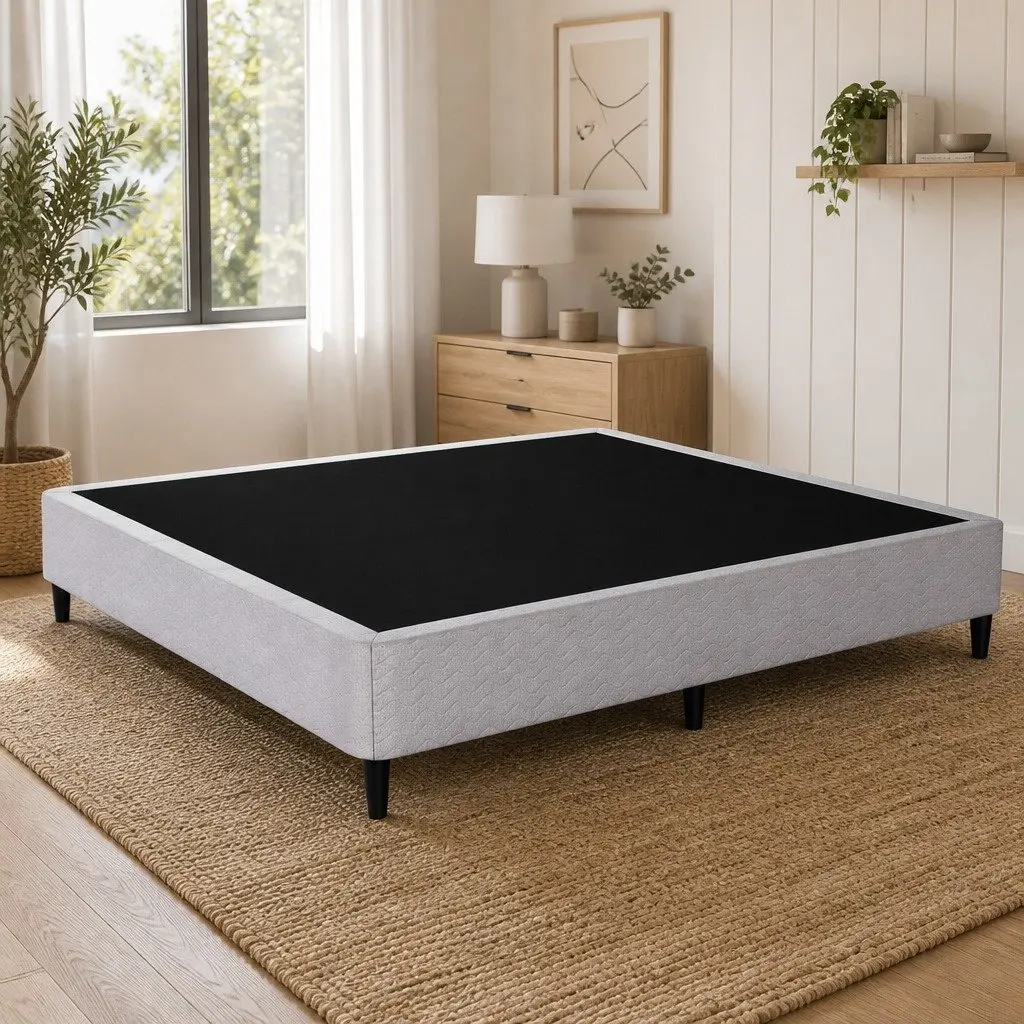 King Size Metal Bed Frame Grey Fabric Cover Sturdy Slat Support