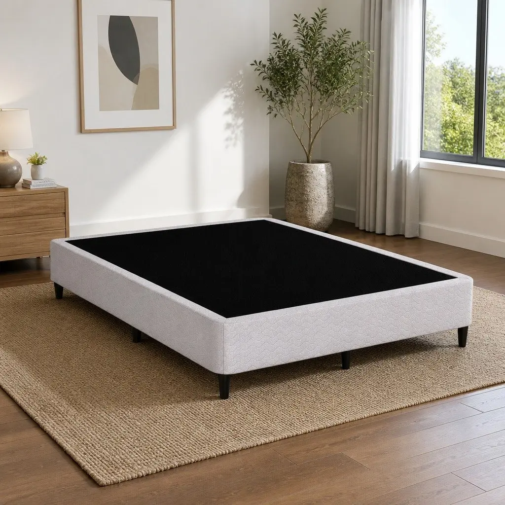 Queen Size Metal Bed Frame with Grey Fabric Cover