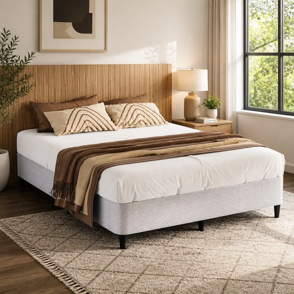 Queen Size Metal Bed Frame with Grey Fabric Cover
