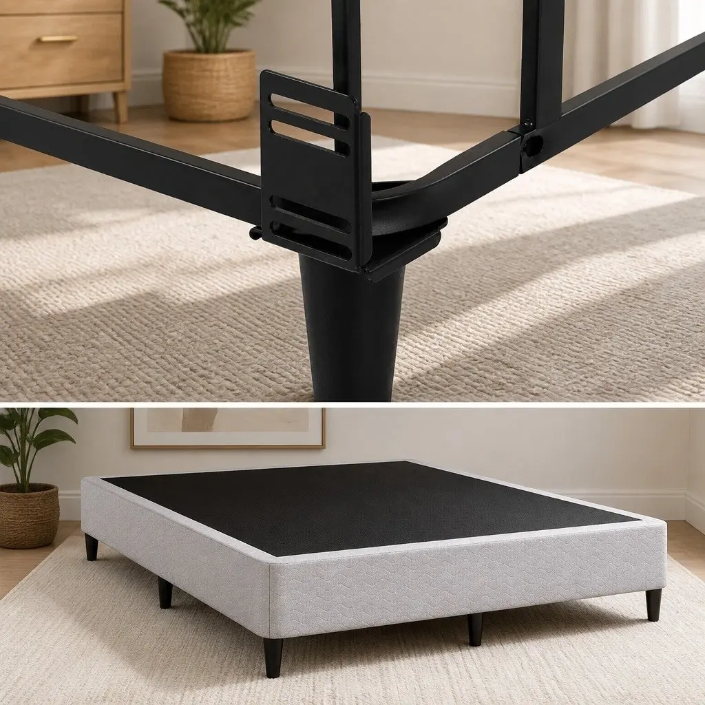 Queen Size Metal Bed Frame with Grey Fabric Cover