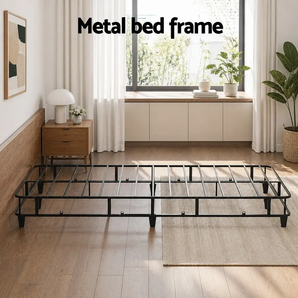 Queen Size Metal Bed Frame with Grey Fabric Cover