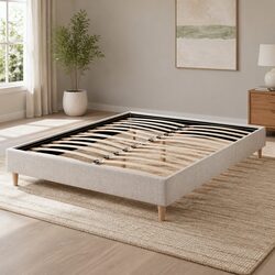 Double Bed Frame Beige Upholstered Wooden Slat Base Bedroom Furniture