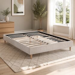 Sturdy Queen Bed Frame with Upholstered Beige Finish