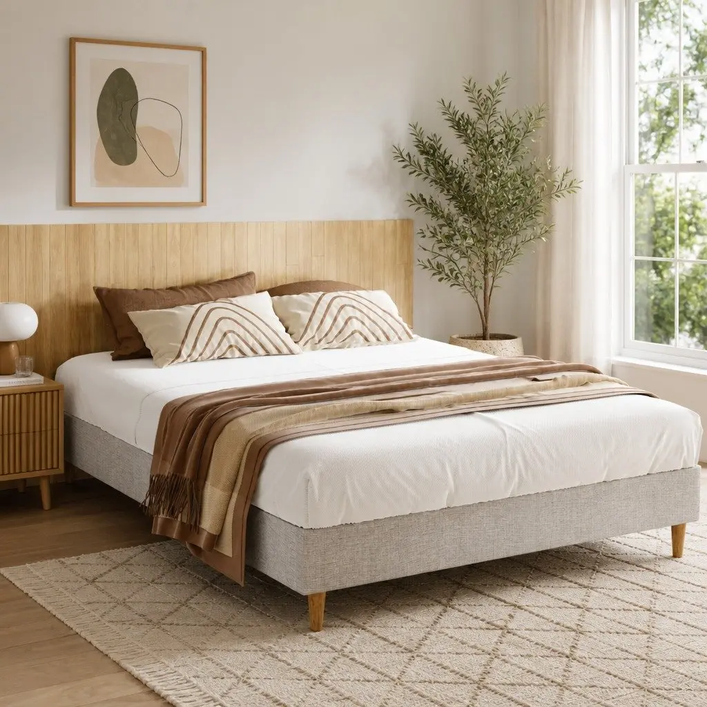 Queen Bed Frame with Upholstered Beige Finish