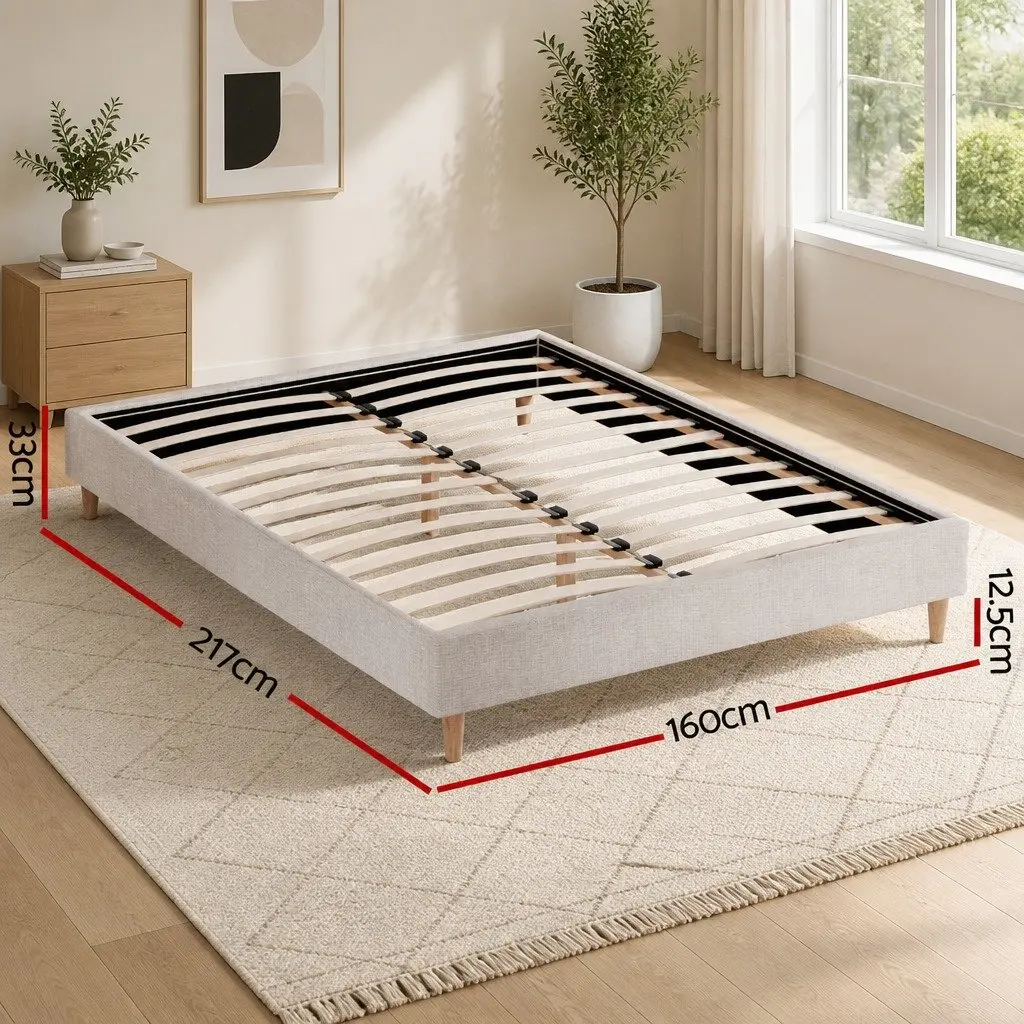 Queen Bed Frame with Upholstered Beige Finish