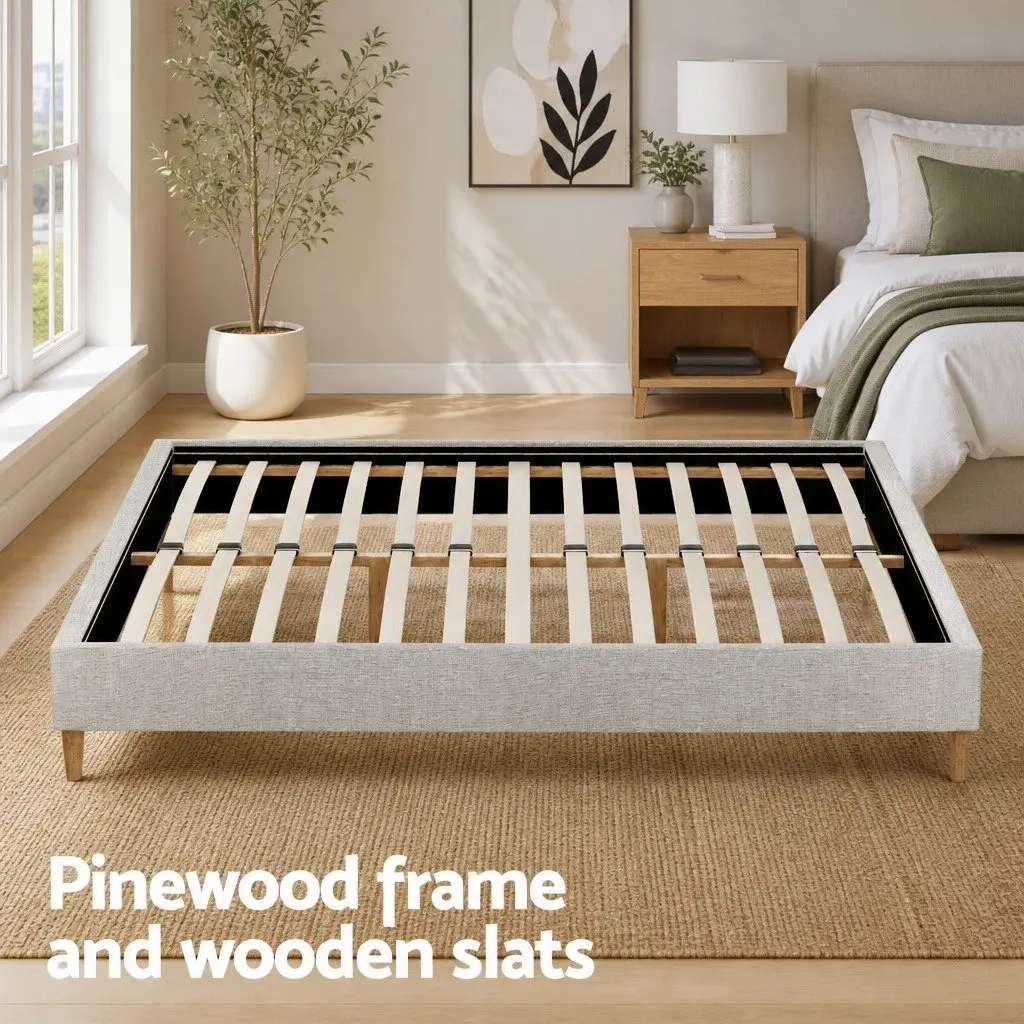Queen Bed Frame with Upholstered Beige Finish