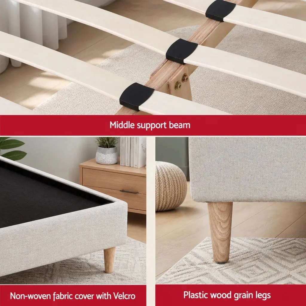 Queen Bed Frame with Upholstered Beige Finish
