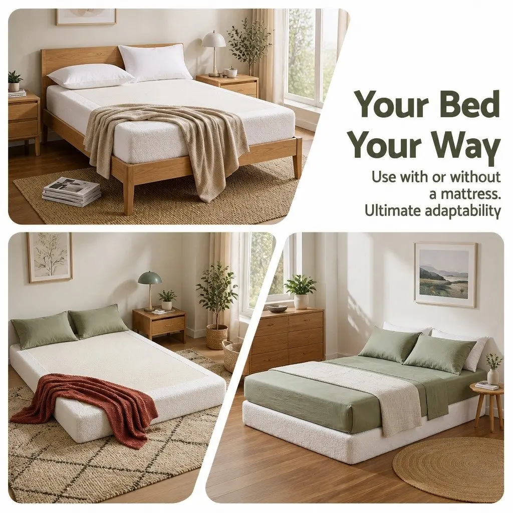 Compression Bed Frame Boucle Fabric Queen Size White