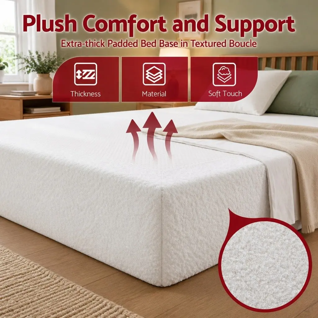 Compression Bed Frame Boucle Fabric Queen Size White