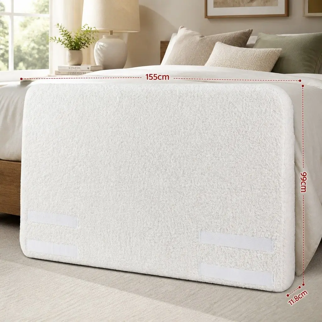 Double Headboard Bed Frame Boucle Fabric 155W x 99H x 11.8T cm White