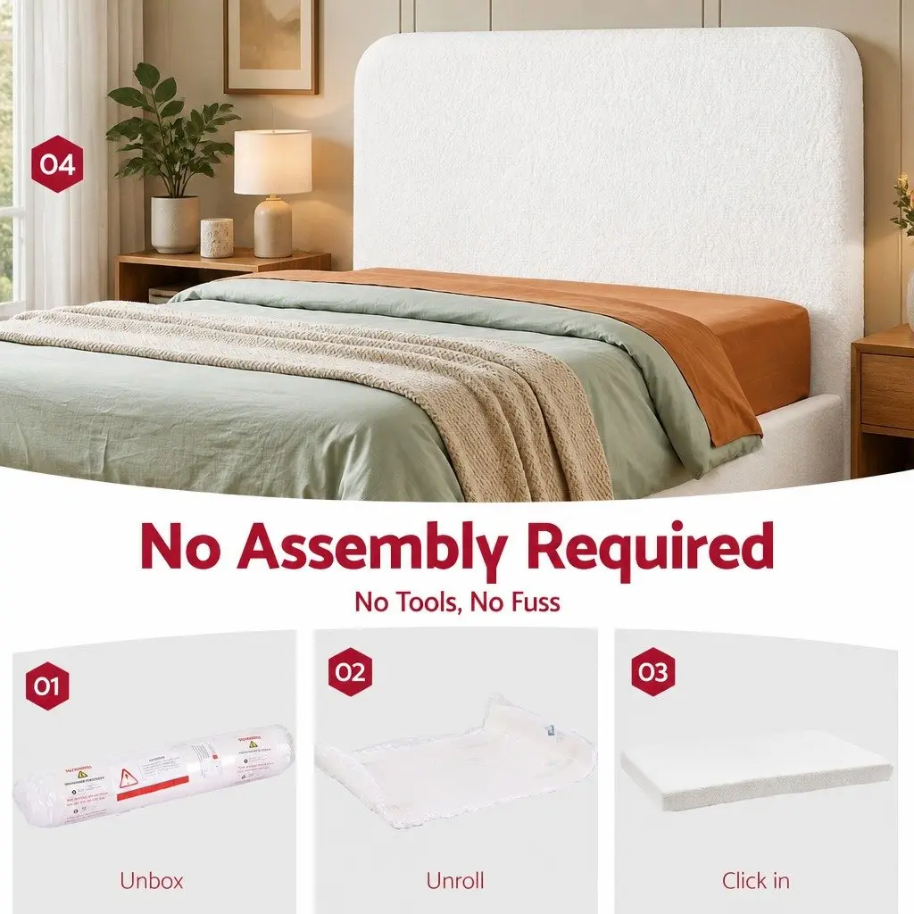 Double Headboard Bed Frame Boucle Fabric 155W x 99H x 11.8T cm White