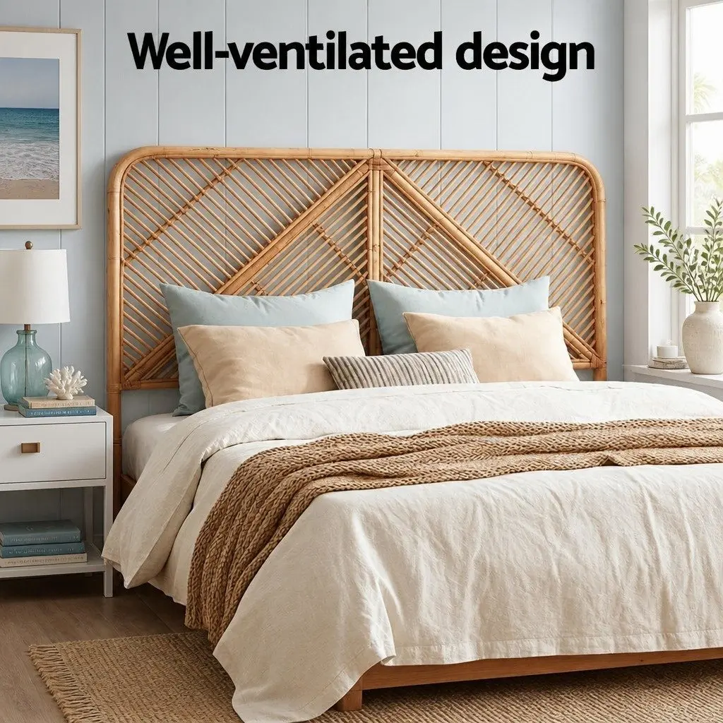 Queen Headboard Rattan Pine 155cm x 3cm x 112cm Natural Round Edge Rustic Boho