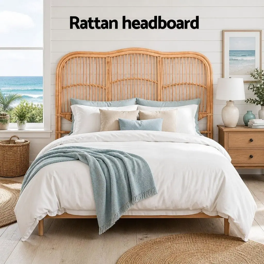 Double Bed Headboard Rattan Natural Pine Easy Maintenance 140cm Width 120cm Height