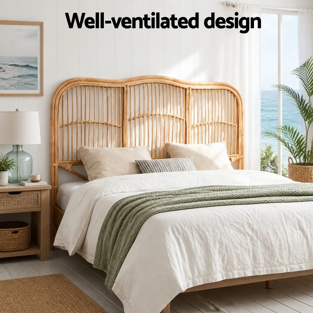 Double Bed Headboard Rattan Natural Pine Easy Maintenance 140cm Width 120cm Height