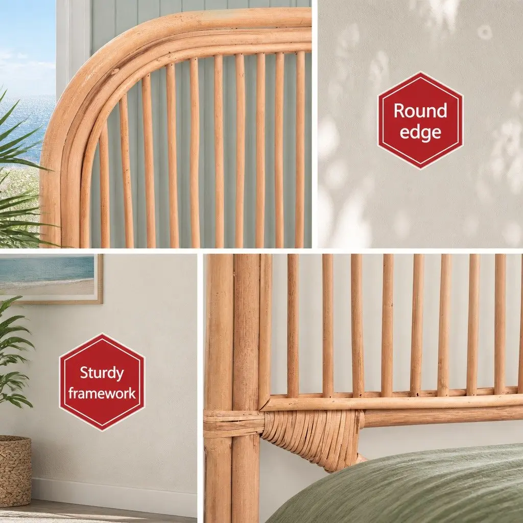Double Bed Headboard Rattan Natural Pine Easy Maintenance 140cm Width 120cm Height