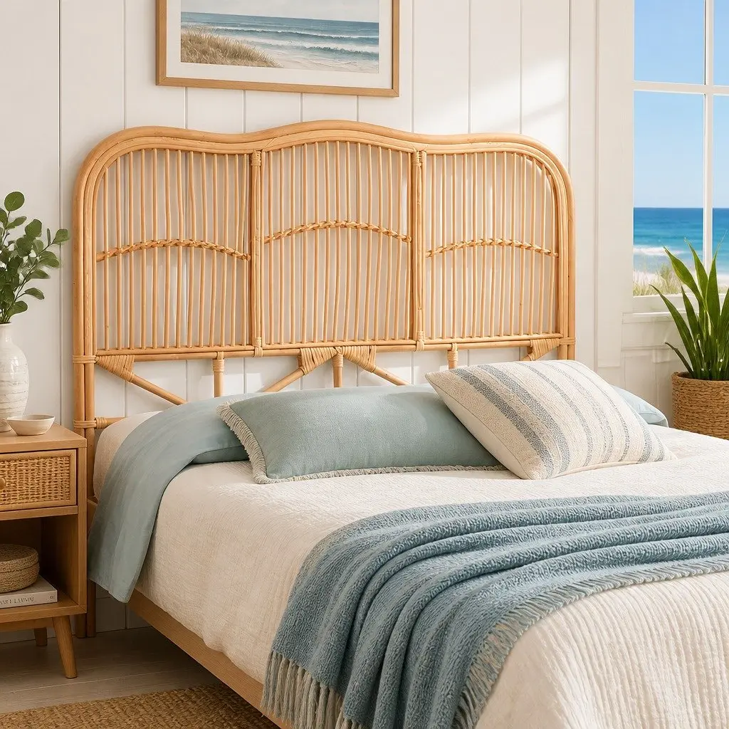 Double Bed Headboard Rattan Natural Pine Easy Maintenance 140cm Width 120cm Height