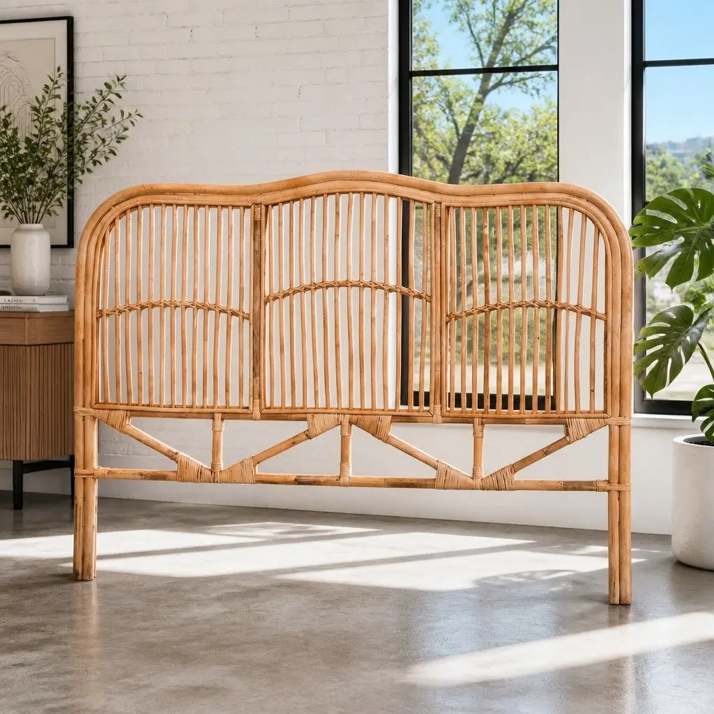 Queen Bed Headboard Rattan Natural Pine 155cm W x 3cm D x 120cm H