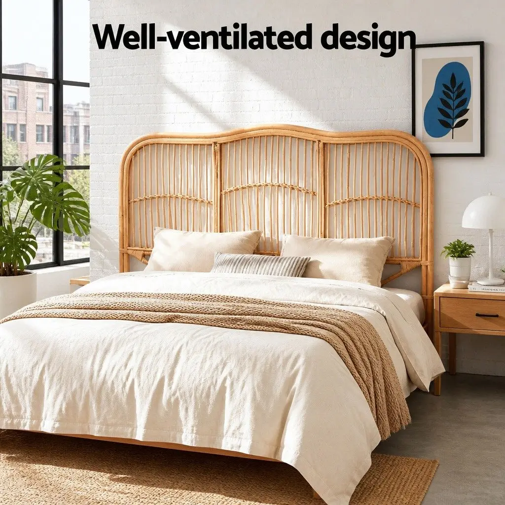 Queen Bed Headboard Rattan Natural Pine 155cm W x 3cm D x 120cm H