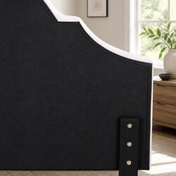 Elegant Queen Headboard in Beige Velvet with Scalloped Design